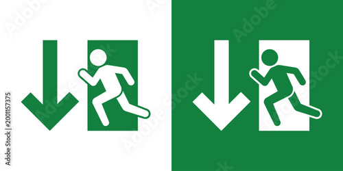 Emergency evacuation sign with a running person and a downward arrow. Essential vector icon for directing traffic toward exits in public buildings. Professional green and white flat design.
