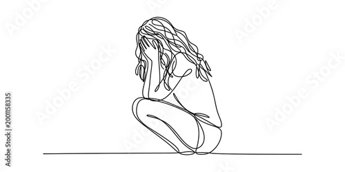 Sad woman face hidden in hands, crouching pose, single line drawing art Vector, illustration