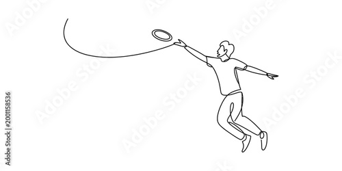 Man jumping and catching a frisbee in a continuous line drawing style Vector, illustration