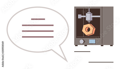 Innovation, technology, prototyping, product design, 3D printing, communication. A 3D printer creating a geometric object with a speech bubble nearby. Innovation and technology concepts