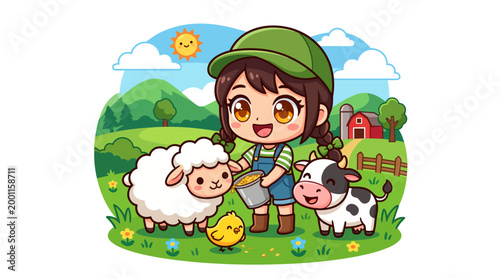 Happy girl feeding farm animals including a cow and sheep in a sunny green meadow, vector illustration.