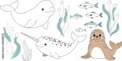 Cartoon whales and fish underwater scene with sea creature Vector