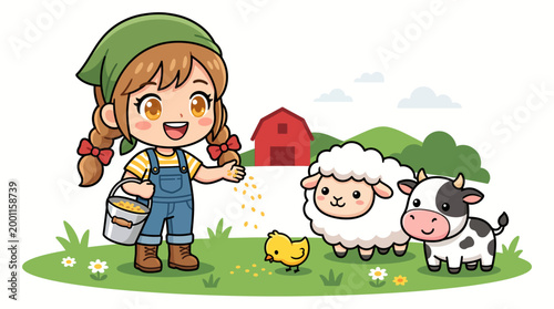 Cute girl feeding a cow, sheep, and chick from a bucket on a farm, flat vector illustration.