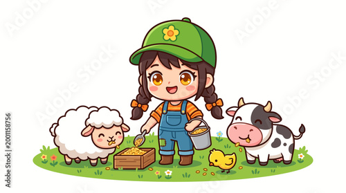 Little girl farmer scooping feed from a wooden box for her cow, sheep, and chick, vector illustration.