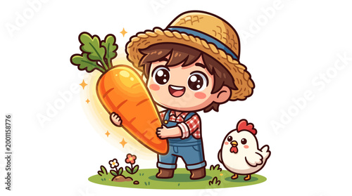Happy little boy farmer holding a giant fresh carrot standing next to a cute chicken, vector illustration.