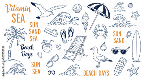 Beach summer elements, seaside vacation, tropical drinks, palm tree, surfboard design, sunglasses icon, flip-flops, crab artwork, flat vector illustration