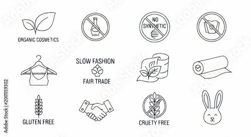 Collection of eco friendly and ethical product symbols.