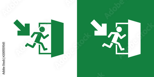 Green emergency exit sign showing a person running through a doorway with an arrow pointing downwards. Professional vector illustration for safety compliance, evacuation plans, and wayfinding.
