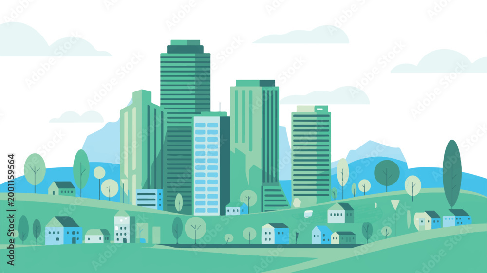 Fototapeta premium A stylized digital illustration depicts a cityscape with buildings and trees on a green landscape