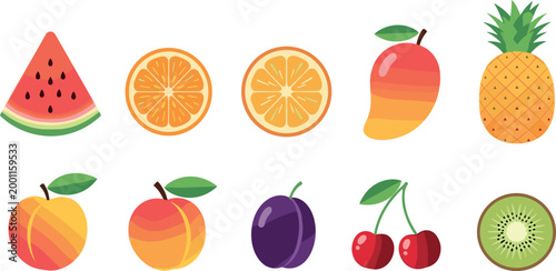 Colorful fruit vector icon set with watermelon orange mango pineapple peach plum cherry kiwi in flat illustration style