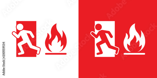 Fire emergency exit sign vector. Features a burning flame symbol alongside a person running through a door. High-contrast red illustration for fire safety, prevention, and hazard warning signage.