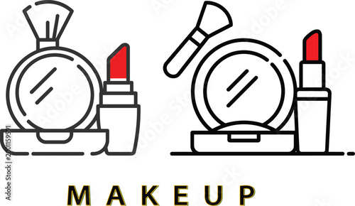 Minimalist makeup featuring lipstick and powder compact with brushes in black and red line style with the word makeup written below the set