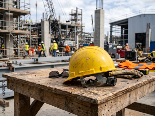 Yellow hard hat and safety gear on a wooden table at a busy construction site with workers and scaffolding in the background.