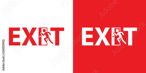 Vector illustration of an emergency exit sign. Features the text "EXIT" with a stylized human figure running through an open door. Designed for safety, evacuation, and fire exit identification.