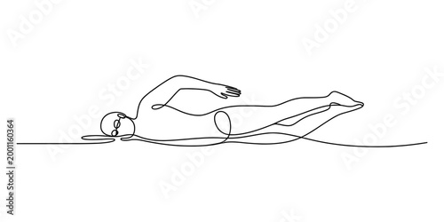 Single line drawing of a swimmer doing freestyle stroke in water, black and white