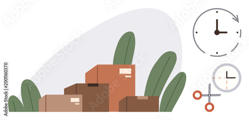 Delivery services, logistics, business operations, shipping management, time efficiency, supply chain. Cardboard boxes surrounded by leaves with clocks displaying time. Delivery services and time