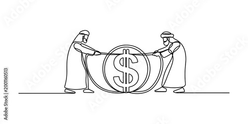Two businessmen in traditional arabic clothing pulling a large dollar coin with ropes, symbolizing financial effort and teamwork Vector, illustration