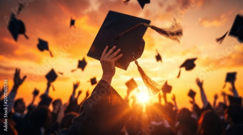 Graduation success and achievement concept with students throwing caps into the air at sunset. Educational accomplishment and university commencement ceremony celebration.