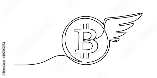 Bitcoin symbol with wings, drawn in a single continuous line, representing cryptocurrency and financial freedom