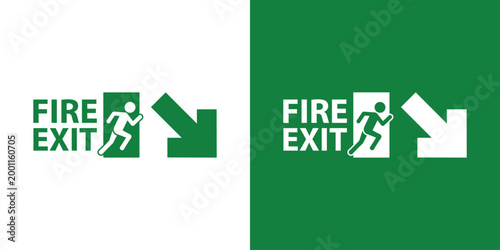 Green emergency exit sign showing a person running through a doorway with an arrow pointing downwards. Professional vector illustration for safety compliance, evacuation plans, and wayfinding.