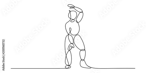 Single continuous line drawing of a person dancing with arm raised and one leg bent, minimalist style Vector, illustration