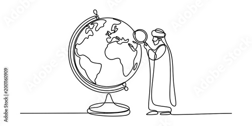 Man in traditional arabic clothes looking at globe with magnifying glass, one line drawing Vector, illustration