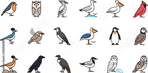 Cute flat bird icon set featuring owl penguin seagull cardinal crow sparrow vector collection for wildlife nature design