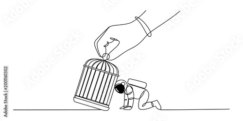 Obraz na plátně Astronaut trapped inside a bird cage held by a giant hand, single line drawing a
