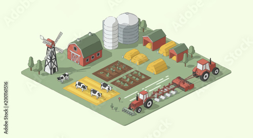 Isometric Farm Landscape with Buildings and Agricultural Machinery.
