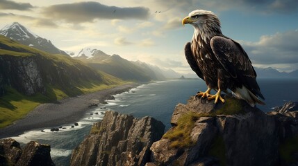 A photo of an eagle perched on a cliff