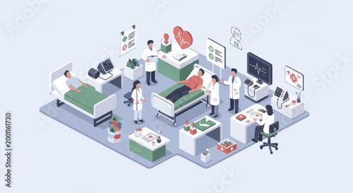 Isometric hospital scene with doctors and patients receiving care.