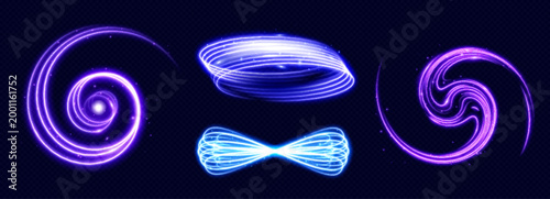 Neon light swirls and shapes in purple and blue colors on dark background  abstract glowing curves and lines