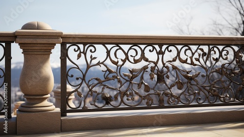 A photo of an elegant stone balcony railing