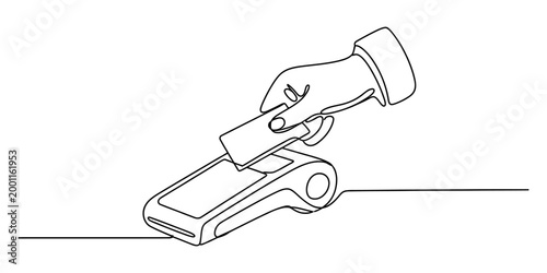 Hand holding credit card inserting into payment terminal, simple line art illustration
