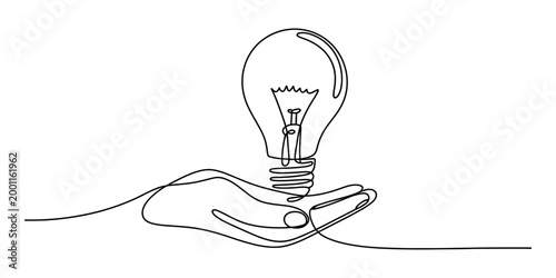 Single line drawing of a hand holding a glowing light bulb, representing innovation and ideas.