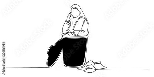 Person sitting in a trash can thinking, one line drawing