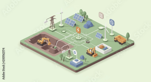 Isometric illustration of sustainable city development and infrastructure.