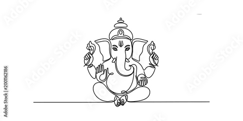 Ganesha single line drawing, elephant god sitting meditation pose, hindu deity Vector, illustration