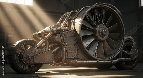Futuristic turbine-powered motorcycle design showcasing innovative engineering and technology.