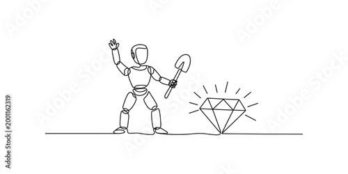 Mannequin figure holding shovel finds sparkling diamond, concept of discovery and treasure Vector, illustration