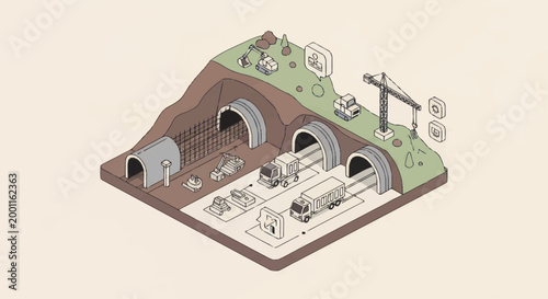 Isometric illustration of tunnel construction and underground infrastructure development.