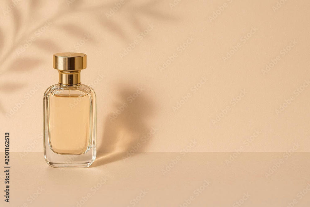 Naklejka premium Luxury Perfume Bottle Mockup on Beige Background with Soft Shadow Minimal Cosmetic Product Display