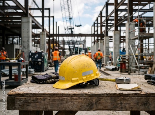 A yellow hard hat, gloves, and tape measure rest on a wooden table at a busy construction site with workers and steel structures in the background.