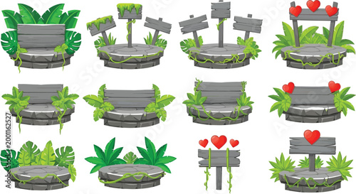 Flat design park benches with plants and flowers Vector