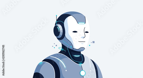 A modern, minimalist illustration of a serene humanoid robot with closed eyes, featuring sleek design and subtle glowing tech elements on a light background.