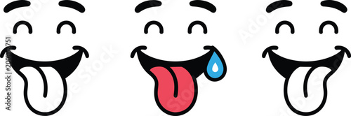 Funny faces happy silly smiles tongue out drooling expression cartoon emoji icons fun playful joy laughter.