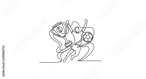 Soccer Champion Winner Trophy and Ball Continuous Line Art