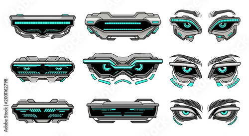 Pixel art collection of futuristic robot eyes and cybernetic visors with glowing teal lights, perfect for game assets and sci-fi interfaces.