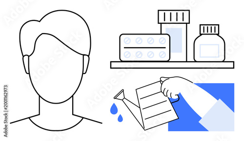 Healthcare, medication, wellness, self-care, therapy, balance. Faceless human outline, medicine bottles and watering hand. Healthcare and medication conceptual visuals