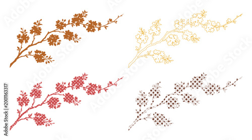 Japanese cherry blossom branch vector set, vintage sakura floral elements in four styles, traditional oriental plum tree flower illustrations isolated on White Background